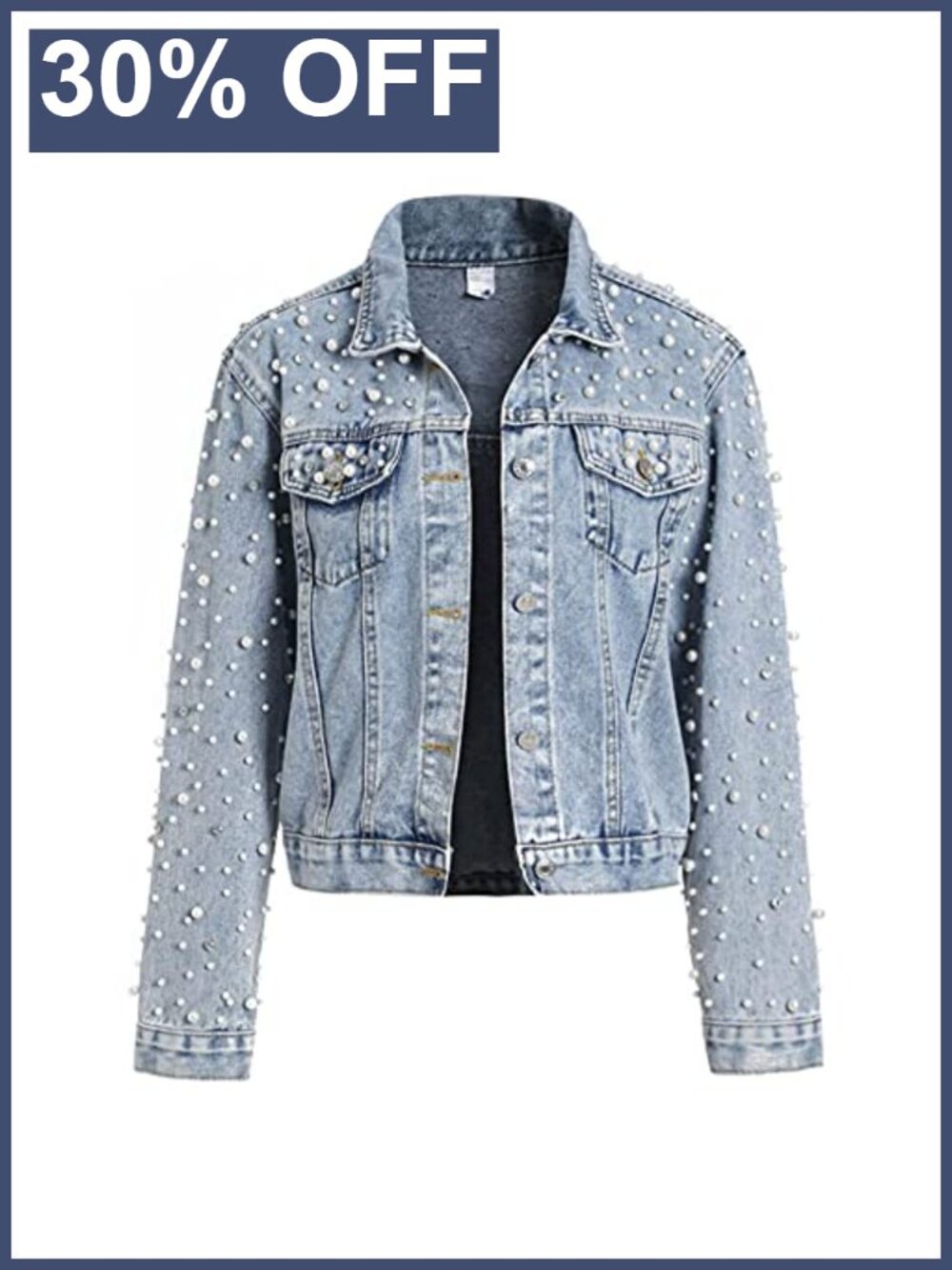 Cropped Denim Jacket Rhinestones Pearl Embellished Cotton Blend Women's